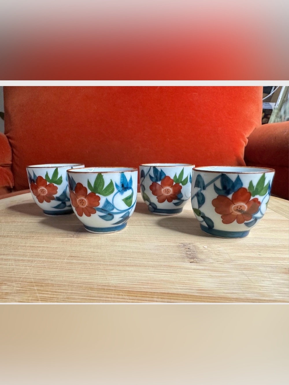Vintage Japanese Sake Cups Hand Painted Porcelain Set of 4 Floral Seal Mark